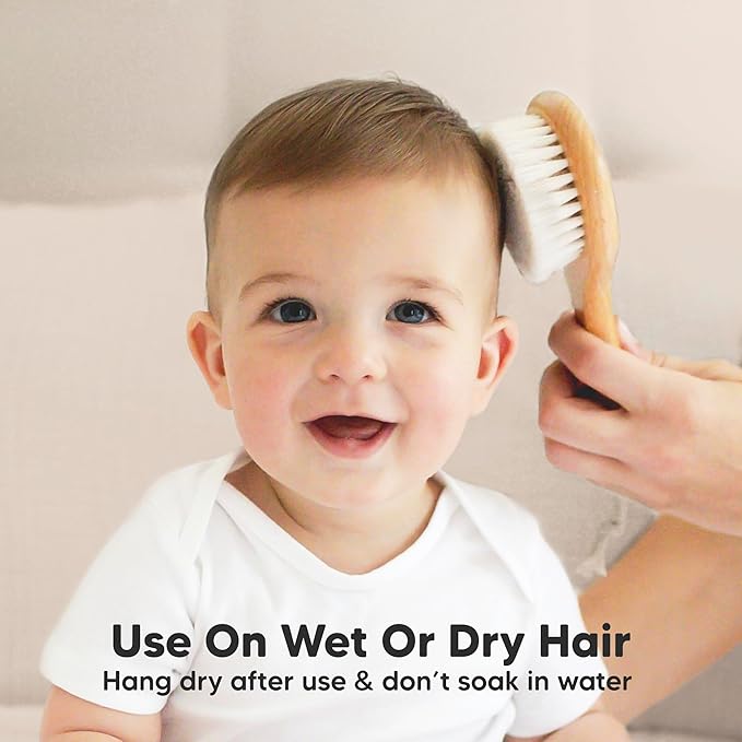 Baby Hair Brush and Comb Set for Newborn - Wooden Baby Hair Brush Set with Soft Goat Bristle, Baby Brush Set for Newborns, Baby Brush and Comb Set Girl, Boy, Toddler Cradle Cap Brush (Round, Walnut)-CubbioJoy