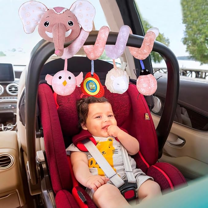 Car Seat Toys, Baby Stroller Toys Infant Spiral Hanging Toys for Crib Bar Bassinet Stroller Car Seat Mobile, Early Development Toys for Newborn Baby Girls 0 3 6 12 Months -Pink Elephant-CubbioJoy