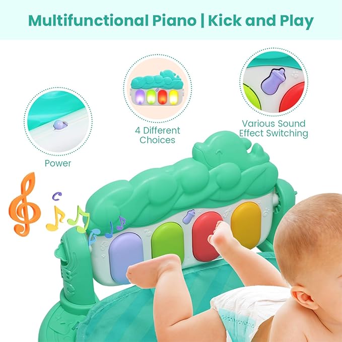 Baby Gyms Play Mat, Infant Toy Play Mat Activity Center, Baby Play Piano Mats with Music and Lights, Activity Padded for Babies Newborns and Toddlers Boys and Girls 0-12 Months, Green-CubbioJoy