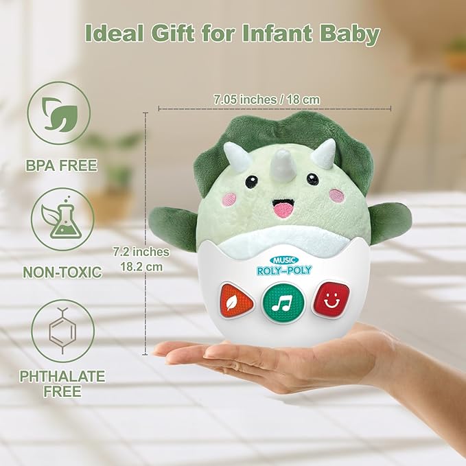 Baby Dinosaur Toys 0-3-6-12 Months, Musical Infant Toys with Light & Sounds, Soft Plush Stuffed Animal, Newborn Boys Girl 1st Birthday Shower Gift, Roly-poly Sensory Tummy Toy Easter Egg Gifts-CubbioJoy