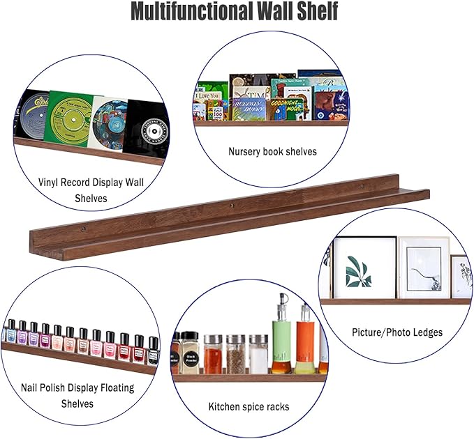 36 Inch Picture Ledge Shelf Rustic Wall Mount Light Walnut Long Narrow Picture Shelves Storage for Books Toys Music Albums Green Plants-Photo Ledge Shelf Set of 3 Mounting Hardware Include-CubbioJoy