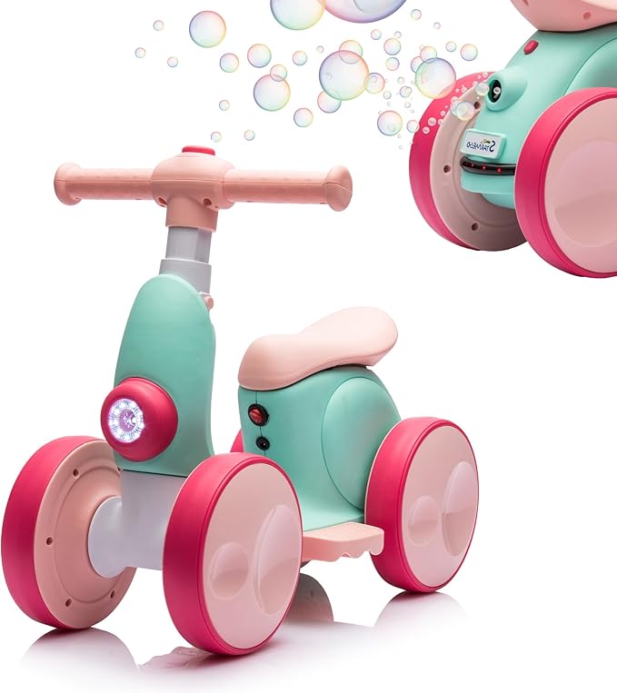 6V Electric Baby Balance Bike with Bubble Machine,4 in 1 Toddler Balance Bike w/Remote for 1 Year Old Boys Girls Kids Bubble Bike Ride on Toys w/Powered Motor,Music,LED Lights (Green&Red)-CubbioJoy