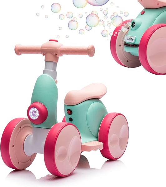 6V Electric Baby Balance Bike with Bubble Machine,4 in 1 Toddler Balance Bike w/Remote for 1 Year Old Boys Girls Kids Bubble Bike Ride on Toys w/Powered Motor,Music,LED Lights (Green&Red)-CubbioJoy