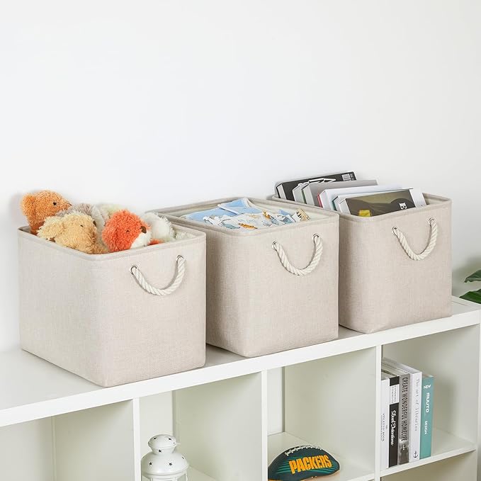 Bidtakay Large Storage Baskets for Shelves 3 Pack Fabric Storage Bins for Organizing Linen Collapsible Organizer for Closet-Light Biege-CubbioJoy