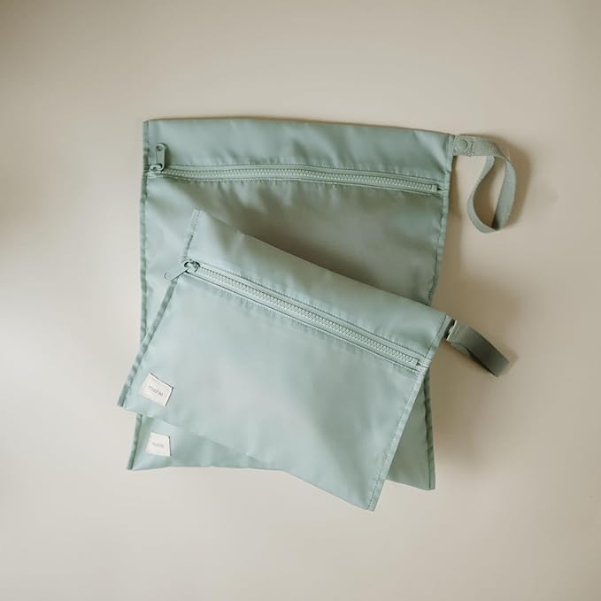 mushie Water Resistant Wet Bags | Large & Small Reusable Storage Bag for Baby Items and Travel | Zippered Pockets with Handle | Machine Washable, Set of 2 (Roman Green)-CubbioJoy