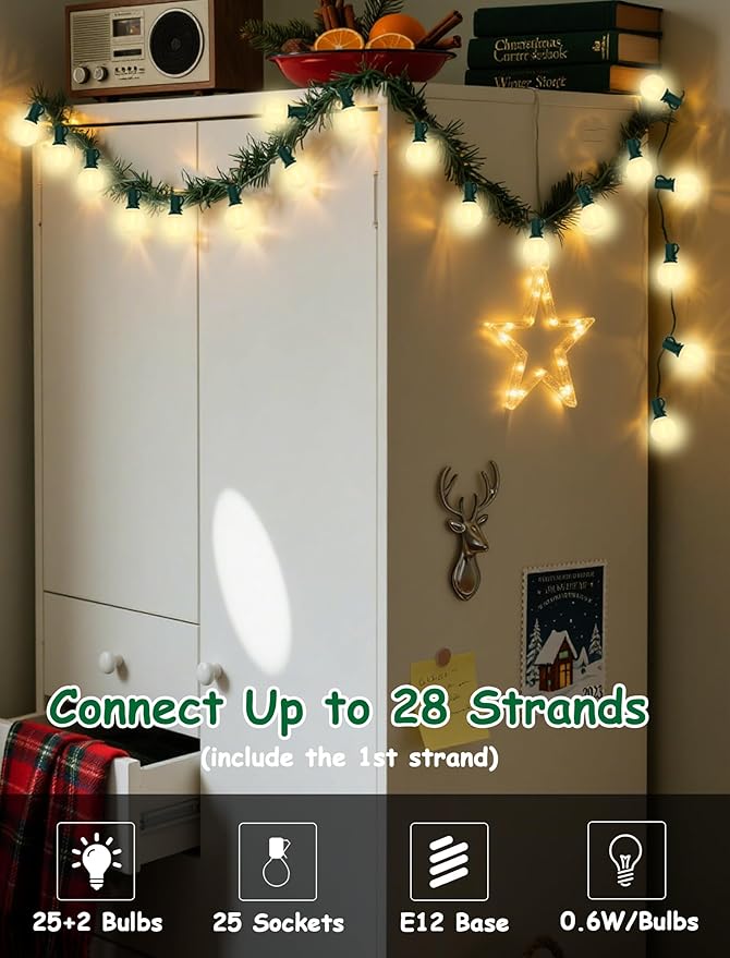 25Ft Outdoor Christmas Lights, Dimmable G40 LED Patio String Lights with 27 Frosted White Globe Bulbs, Green Wire Outdoor Christmas Decorations Lights Waterproof for Wedding Party Porch Backyard-CubbioJoy