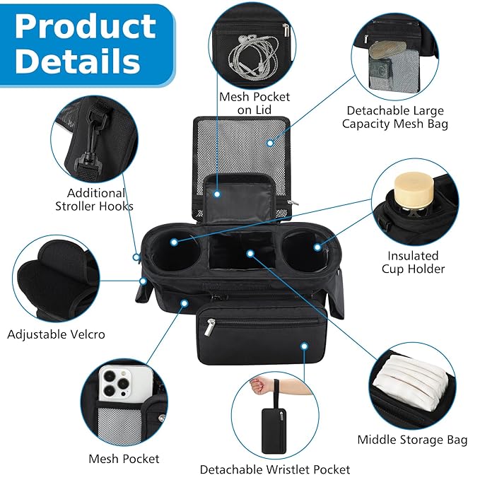 Accmor Universal Stroller Organizer with Insulated Cup Holder Detachable Phone Bag and Shoulder Strap,Stroller Bag Caddy Organizer Fits for Uppababy, Baby Jogger, Britax Strollers-CubbioJoy
