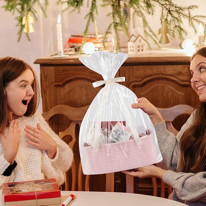 4 Pack Small Storage Shelf Baskets for Organizing, Mini Woven Rope Storage Bins for Towels, Cute Decorative Closet Organizer，Baby Nursery, Gift Empty Baskets -11.81''Lx7.87''Wx4.72''H-Pink-CubbioJoy