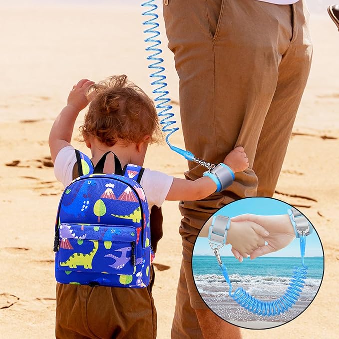 Accmor Toddler Backpack Leash with Anti Lost Wrist Link, Cute Mini Child Walking Harnesses Keep Kids Close Back Pack Rope Tether Rein for Baby Boys (Blue/Dino)-CubbioJoy