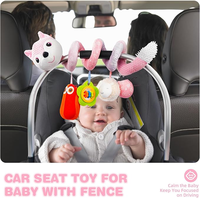 Jollybaby Baby Car Seat Stroller Toys, Plush Activity Hanging Spiral Activity Pram Crib with Music Box, Rattles, Squeaker for Babies Infant Boys Girls(Pink Fox)-CubbioJoy