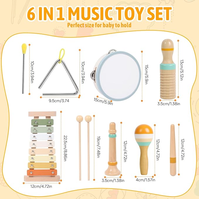Baby Musical Instruments - Wooden Montessori Toys for Toddlers 1-3, Baby Musical Toys Percussion Instruments Set with Xylophone Tambourine, Neutral Preschool Educational Baby Toys for Boy Girls Gifts-CubbioJoy