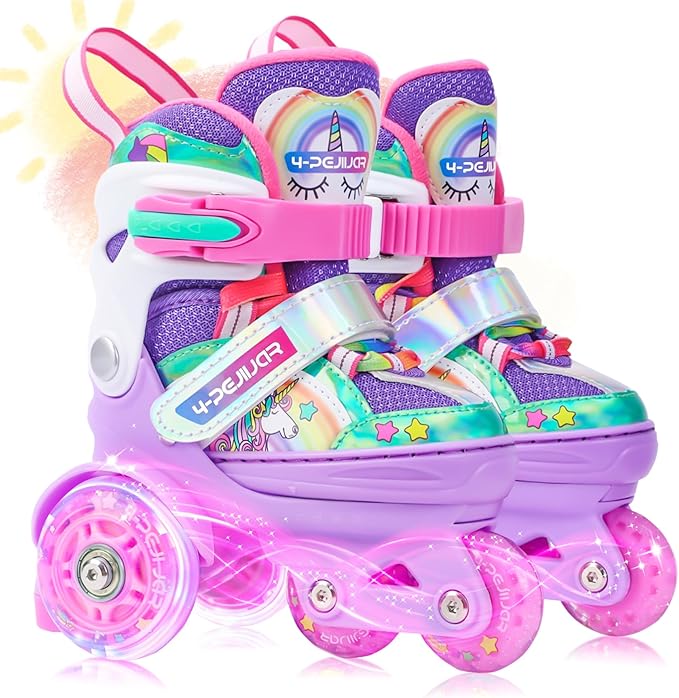 4-Pejiijar Rainbow Unicorn Kids Roller Skates for Girls Toddler Ages 2-4 5-8 8-12,Adjustable Roller Shoes with Luminous Wheels for Birthday Xmas Gifts-CubbioJoy