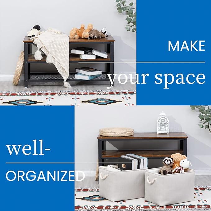 Bidtakay Large Fabric Storage Bins Beige Linen Closet Organizers Set of 2 Baskets for Shelves Clothes Bedroom 16x11.8x11.8 Inch Foldable Organization Baskets for Towels Blankets Storage Dog Toys-CubbioJoy