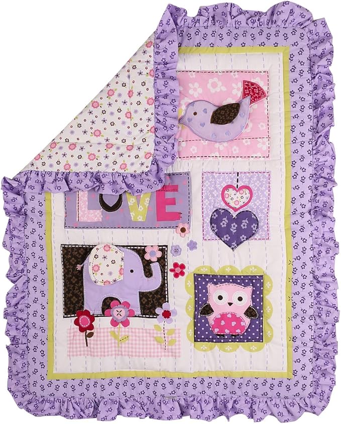 Brandream Crib Bedding Set 3 Pieces Purple Baby Girls Cotton Patchwork Flowers Elephant Owl Nursery with Ruffle Design, Princess Lovely Cute Breathable Healthy-CubbioJoy