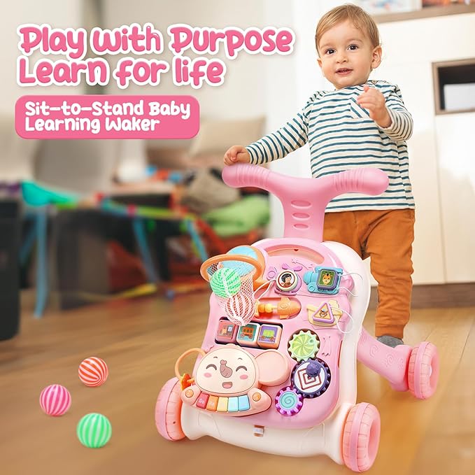 CUTE STONE 2-in-1 Baby Walker for Girls, Toddlers Learning Walker, Early Educational Push Walking Toys with Detachable Activity Center for Infants 12+ Months-CubbioJoy