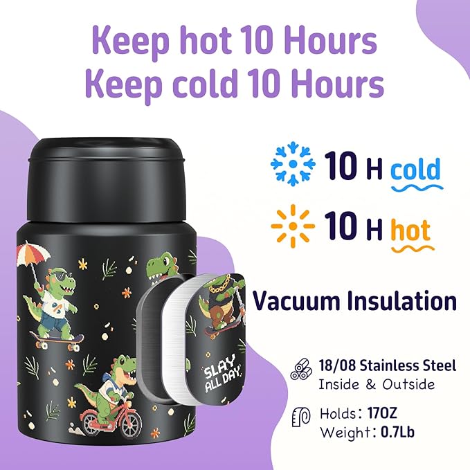 2-Pack Stainless Steel Vacuum Insulated Food Jar with Spoon, Soup Thermo Hot & Cold for Kids & Adults, Leakproof Insulated Lunch Containers with Carry Bag, 17oz.(Black-Dinosaur)-CubbioJoy