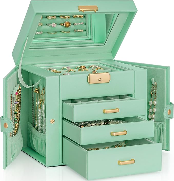 AKOZLIN 4-Tier Jewelry Box Leather Jewelry Storage Organizer with 3 Drawers Lockable for Women Girls Ring Necklace Earring Bracelet Holder with Mirror-CubbioJoy