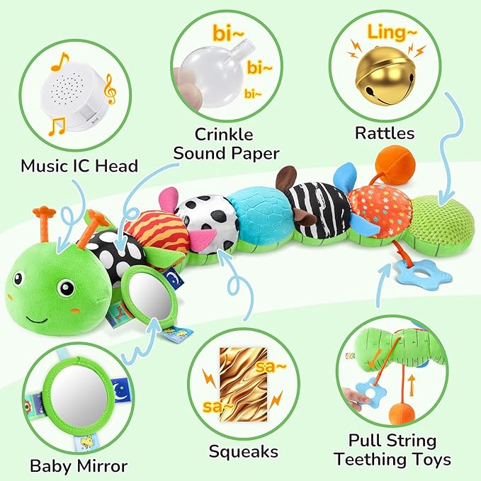 Baby Toys 6-12 Months Music Caterpillar Infant Toys Stuffed Animals 0-3-6 Months Tummy Time Teething Sensory Toys with Mirror Rattle&Pull String for Boys Girls Birthday Gifts|Grass Green,Leafy-CubbioJoy