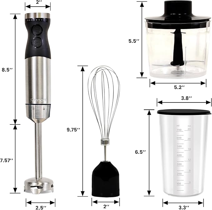 Kenmore Immersion Blender - Handheld Stick Mixer For Kitchen, Food Chopper, Whisk, Smoothie Milkshake Maker, Blend Baby Food, Protein Shake, Puree, Batidora De Inmersión Stainless Steel Blade, Black-CubbioJoy