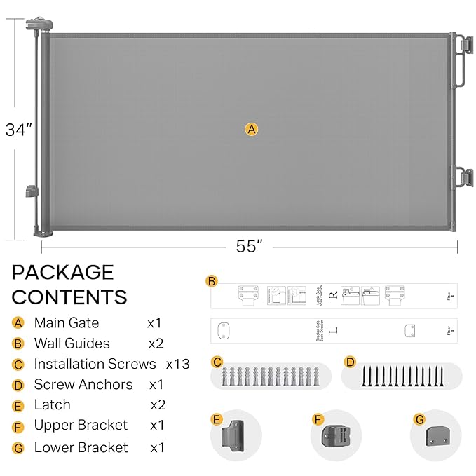 Cumbor 55" Wide Retractable Baby Gates for Doorways, Mom's Choice Award - Mesh Dog Gate for The House, One-Hand Opening Safety Child Gates for Stairs, Pet Puppy Fence Indoor & Outdoor, Gray-CubbioJoy