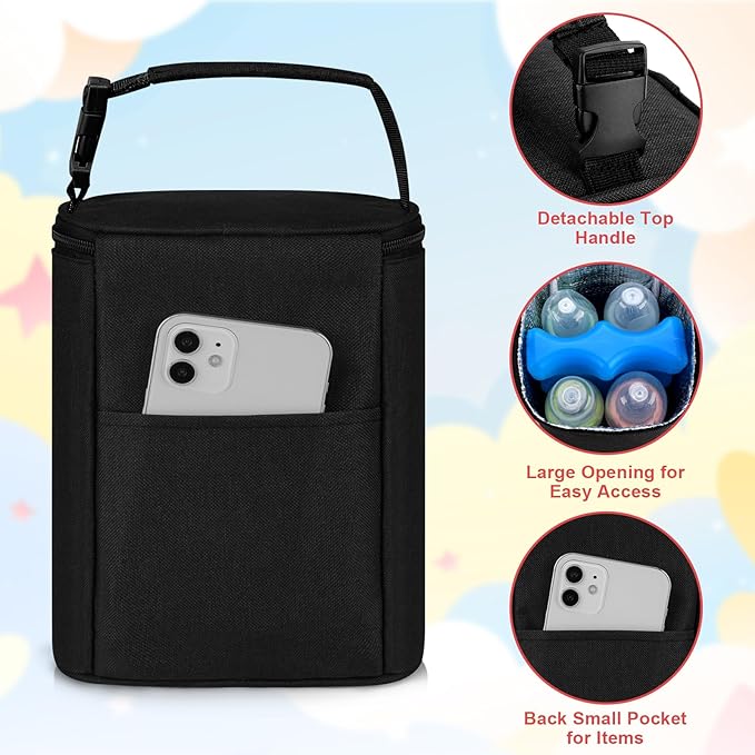 Accmor Breastmilk Cooler Bag with Ice Pack, Baby Bottle Cooler Bags, Insulated Bottle Cooler Tote Bags On The Go, Fits 4 Large 8oz Bottles, for Nursing Mom Daycare Travel, Black-CubbioJoy