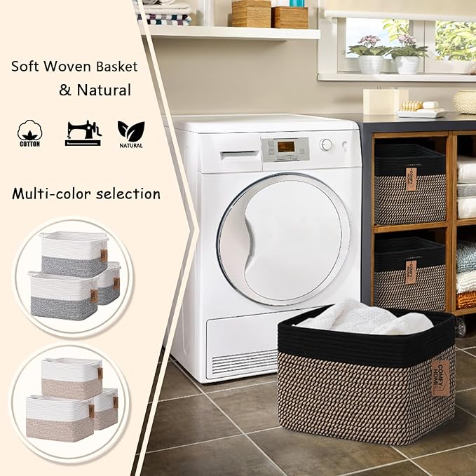 COMFY-HOMI 3PACK Cotton Rope Square Basket with Handles for Shelves|Dog Toy Bin and Storage|Baby Gift|Shoe Organizer|New 13.5" x 11" x 9.5" for Living Room (Black/Jute)-CubbioJoy