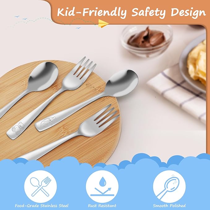 14-Piece Toddler Flatware, Kids Utensils Stainless Steel Cutlery Set, Children Safe Spoons and Forks with Ergonomic Handle, Easy to use and Dishwasher Safe (Crocodile and Bear)-CubbioJoy