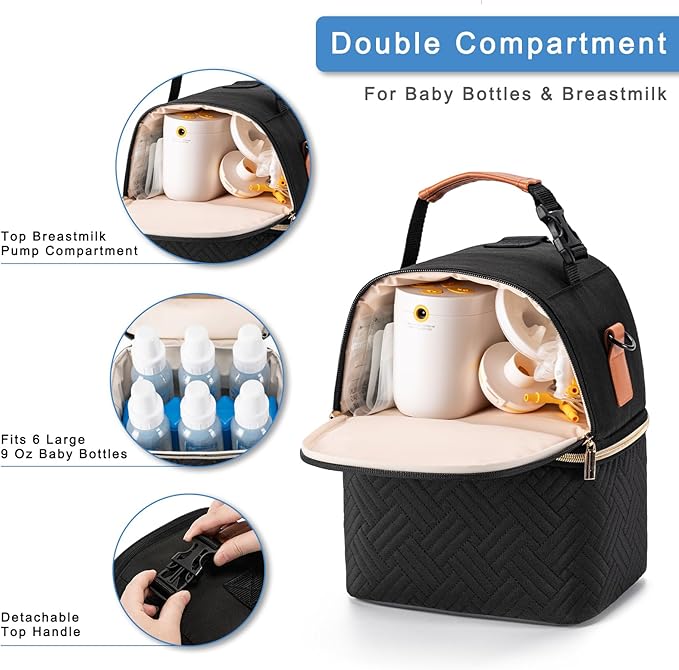 Breastmilk Cooler Bag with Ice Pack & Mat Fit 6 Bottles Up to 9 Ounce, Baby Bottle Cooler Bag for Moms, Daycare & Travel, Black-CubbioJoy