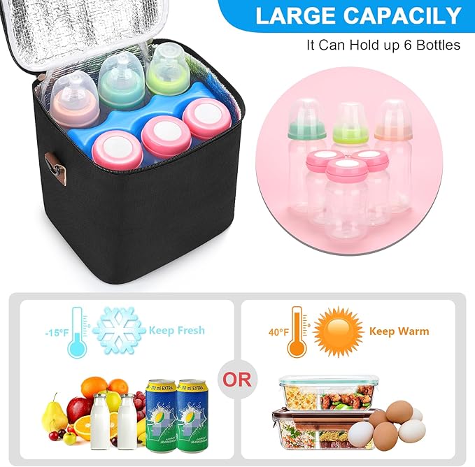 Accmor Breastmilk Cooler Bag with Ice Pack, Baby Bottle Cooler Bags, Insulated Bottle Cooler Tote Bags On The Go, Fits 6 Large 9oz Bottles, for Nursing Mom Daycare Travel, Black-CubbioJoy
