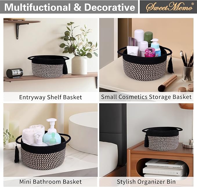 Decorative Small Gift Basket Empty – SweetMemo Cute Woven Rope Organizer Baskets for Desk, Bedside, Bathroom, Key, Round Boho Decor Cotton Bin with tassel, Gift Bag, Ribbon – Rustic Black Brown-CubbioJoy