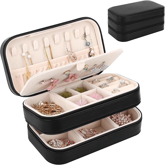 DesignSter Small Travel Jewelry Box with Double Zipper, 2 Layers PU Portable Jewelry Case for Women and Girls,Travel Jewelry Organizer for Rings, Earrings, Necklaces, Bracelets,Black-CubbioJoy