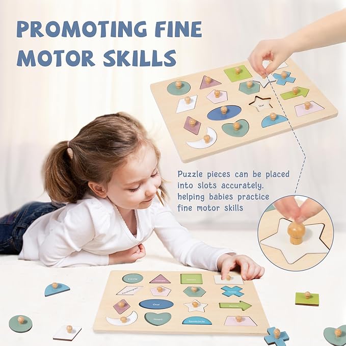 Adena Montessori Wooden Shape Peg 16 Piece Puzzle for Toddlers 2-4,Montessori Colorful Shapes Sorter Board,Geometric Color Matching Toys for Girls Boys 18-24 Months,Baby & Toddler Eearly Learning Gift-CubbioJoy