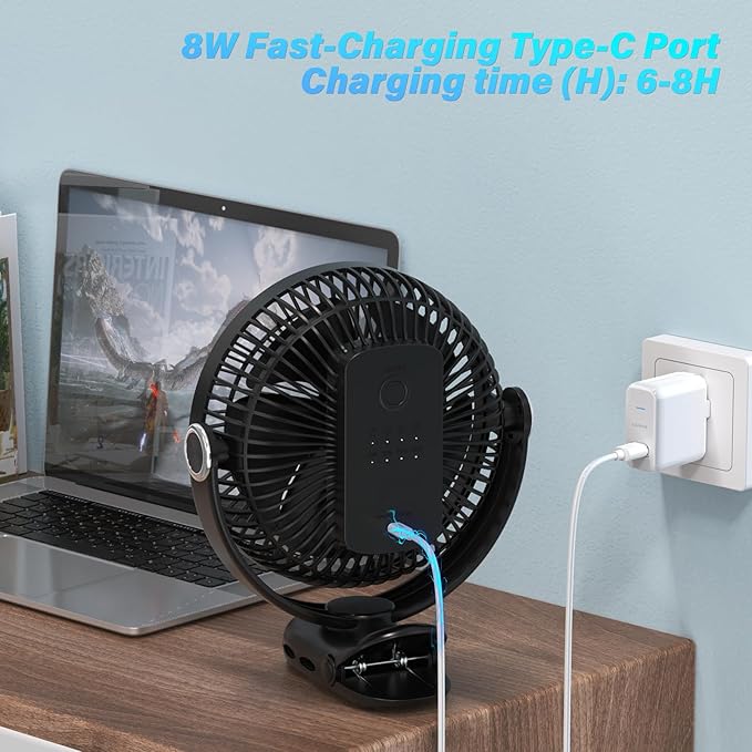 12000mAh Clip on Fan 30H Longest Runtime, 8in Portable Fan Rechargeable, Ultra Quiet with Heavy-Duty Clamp, USB Desk Fans for Golf Cart,Office Desk, Treadmill, Camping, Bedroom-CubbioJoy
