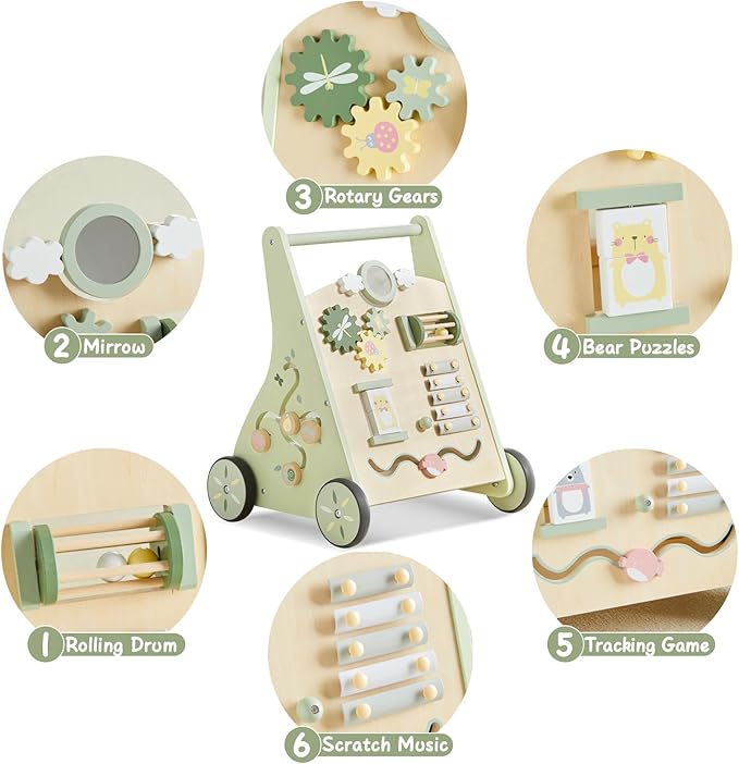 Beright Wooden Baby Walker Push and Pull Learning Activity Walker Kids’ Activity Toy Multiple Activities Center Develops Motor Skills & Stimulates Creativity(Green)-CubbioJoy