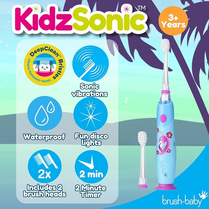 Brush‑Baby - KidzSonic Flamingo Kids Electric Toothbrush for Ages 3+ with Disco LED Lights, Gentle Sonic Vibrations, 2-Minute Smart Timer & 30‑Second Pulse Reminders – AAA Battery Included-CubbioJoy