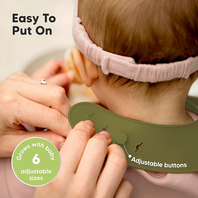 KeaBabies 2-Pack Silicone Baby Bibs for Eating - Sturdy Food-Grade Silicone Bibs for Babies Girl, Boy, Large Food Catcher, Clean & Put On Easily, Waterproof Toddler Feeding Essentials (Olives)-CubbioJoy