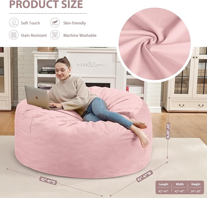4FT Bean Bag Chair, Large Bean Bag Chairs with Memory Foam Filled, Fluffy Beanbag Sofa with Dutch Velvet Cover, Round BeanBag Chairs for Living Room, Playroom - Light Pink-CubbioJoy
