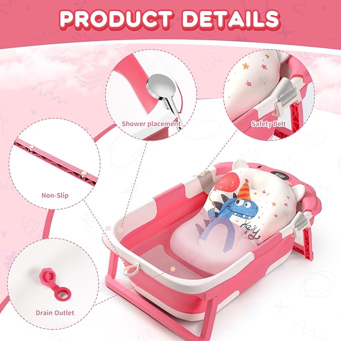Baby Bathtub,Collapsible Baby Bath Tub with Thermometer & Soft Floating Cushion,Portable Travel Baby Bathtubs for Newborns to Toddlers 0-36 Months(Bear Pink)-CubbioJoy