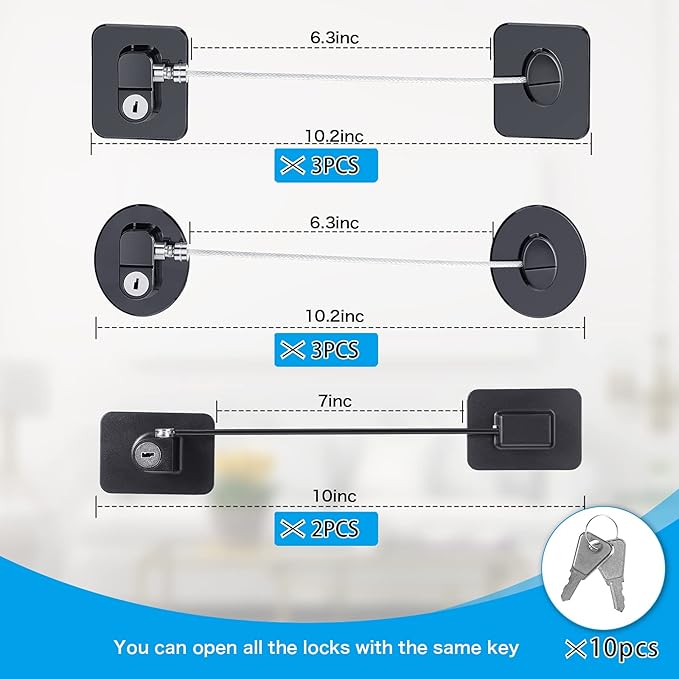 8 Pieces Refrigerator Locks for Children Adults with 10 Keys, Fridge Lock, Freezer Door Safety Cabinet Lock and Child Safety Cabinet Locks with Strong Adhesive (Black)-CubbioJoy