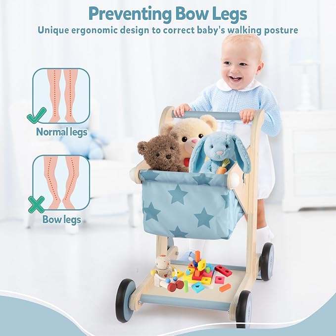 Asweets 2 in 1 Wooden Baby Walker Push and Pull Doll Stroller, Shopping Cart Learning Walker for Boys and Girls, Sit Stand Learning Toddler Toy (Blue)-CubbioJoy