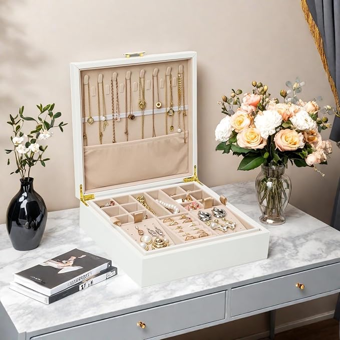 Jewelry Box Organizer for Women,White 2 Layer jewelry Stoarge Case,Built in Necklace Hook and Detachable Jewelry Tray,Indoor Jewelry Display Box-CubbioJoy