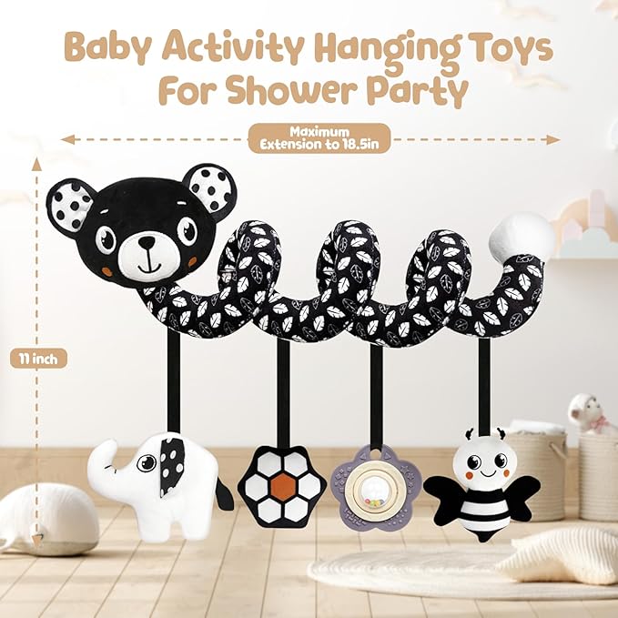 Car Seat Toys for Babies 0-6 Months,Hanging Rattle Toys for Crib Mobile, Baby Spiral Hanging Stroller Black and White High Contrast Toys for Newborn 0 3 6 9 12 Months Baby Boys Girls (Bear)-CubbioJoy