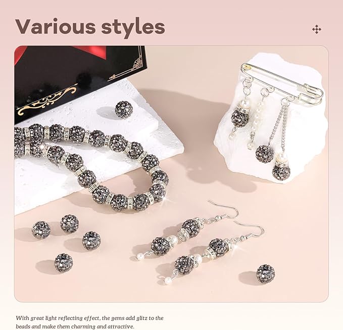 200pcs 10mm Rhinestone Beads for Jewelry Making, Hematite Shiny Round Disco Ball Beads Bulk, Sparkle Crystal Clay Christmas for Bracelet Baseball Necklace Earring Crafting and DIY-CubbioJoy