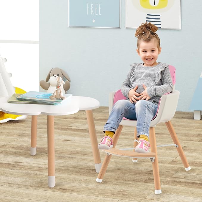 BABY JOY Convertible Baby High Chair, 3 in 1 Wooden Highchair/Booster/Chair with Removable Tray, Adjustable Legs, 5-Point Harness, PU Cushion and Footrest for Baby, Infants, Toddlers (Pink)-CubbioJoy