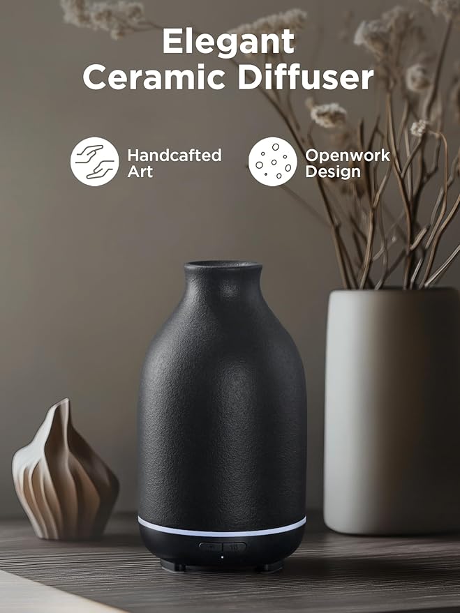 InnoGear Essential Oil Diffuser, 150ml Ceramic Stone Diffuser Handcrafted Aromatherapy Diffusers Ultrasonic Cool Mist Humidifier Vaporizor with 2 Mist Modes Waterless Auto Off for Room Office, Black-CubbioJoy