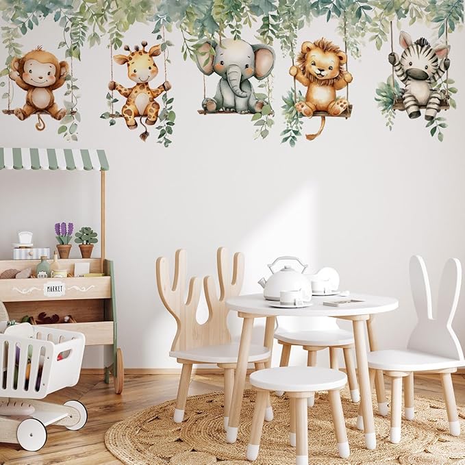 Jungle Animal Wall Decals,Jungle Animals Monkey Elephants, Lions, Zebras, Giraffes Vine Leaves Wall Stickers,Zoo Sticker for Kids Baby Boys Room Nursery Bedroom Playroom Home Decoration.-CubbioJoy