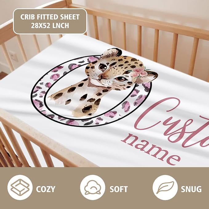 Custom Name Crib Bedding Set - Pink Leopard Theme, Personalized Nursery Bedding 3-Piece Set– Soft Blanket, Fitted Sheet, Changing Pad Cover – for Newborns Girls Nursery Gifts-CubbioJoy