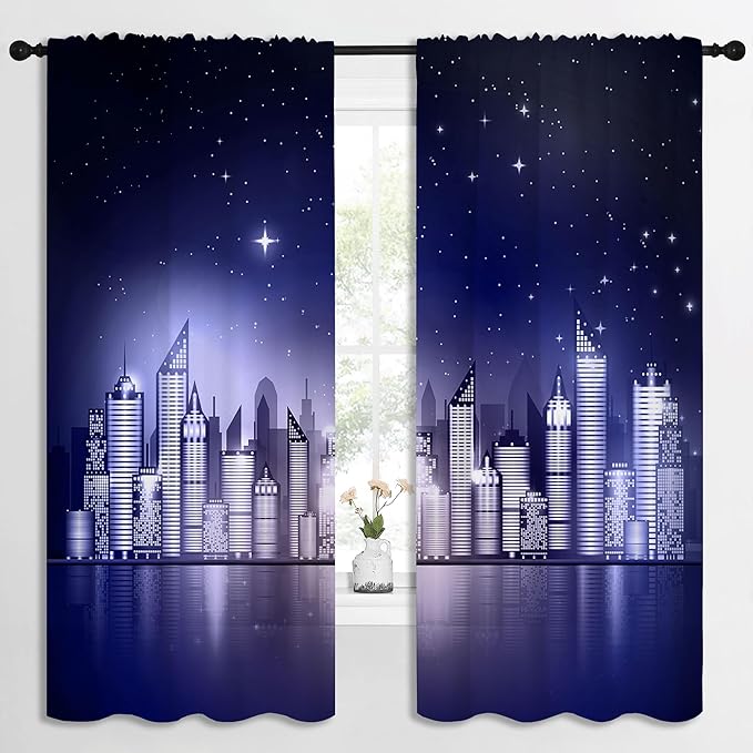 City Rod Pocket Blackout Curtains for Boy Girl Bedroom, New York Skyline Modern City Starry Sky Night View Thermal Insulated Home Window Drapes for Living Room Darkening, 72x63 inch-CubbioJoy