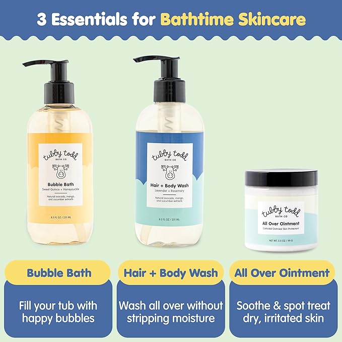 TUBBY TODD Essentials Baby Bath Gift Set – 8.5oz Hair+Body Wash, 8.5oz Bubble Bath & 3.5oz All Over Ointment-CubbioJoy