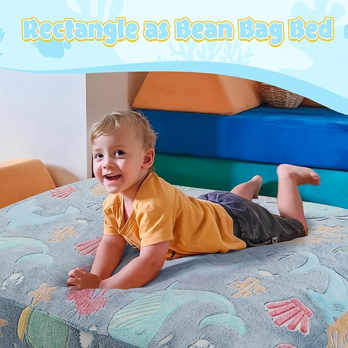 COMAX Kids Bean Bag Chair Turn into Beanbag Bed, Toddler Bean Chair for Girl Boy Sleeping, Lazy Children Bean Bags with Filler, Convertible Child Floor Mattress, Ocean Life-CubbioJoy